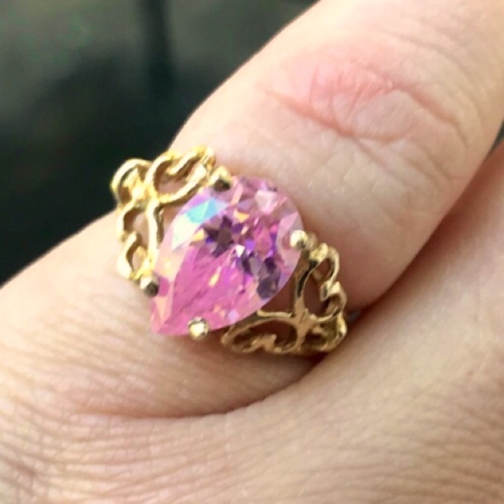 Vintage Pink Ice 10K Yellow Gold Filigree Butterfly Ring / Size 6.5